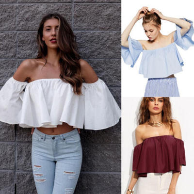 

US STOCK Women Flare sleeve Tank tops Off shoulder tee shirt Crop Top Cropped