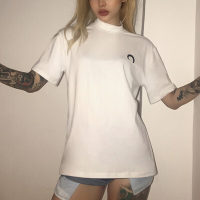 

Harajuku Loose Short sleeves Women Tops Moon Embroidery Women T Shirts Long Section Tees