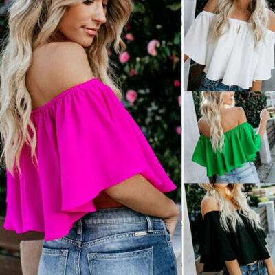 

Women Lace Bandeau Off Shoulder Loose Casual Ruffle Tops Blouse T-Shirt Beach