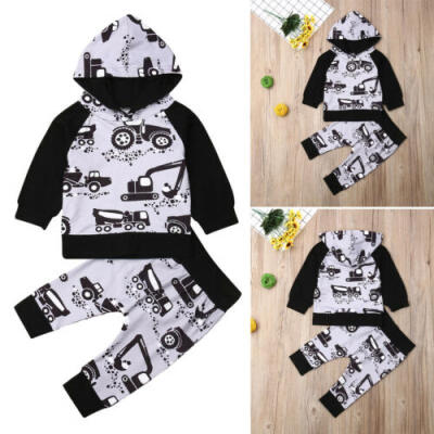 

USA Newborn Baby Boys Car Printing Hooded Shirt Tops Pants Outfits Clothes Set