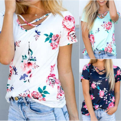 

Summer Women V neck Top Short Sleeve Floral Casual Loose Shirts Blouse Tee