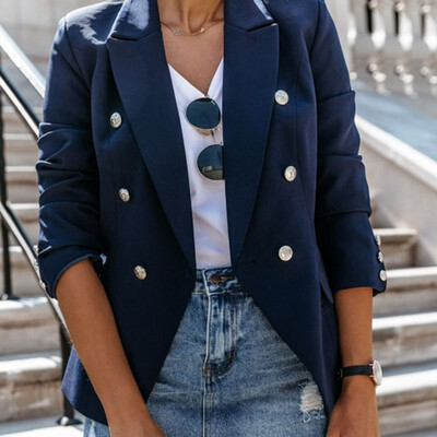 

2019 Autumn Women Fashion Double-breasted Solid color Standing collar Long sleeve Suit Coat