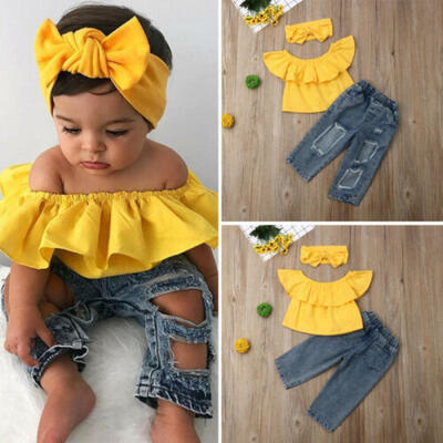 

Fashion Kids Baby Girl Off Shoulder TopsRipped Jeans Denim Pant 3Pcs Clothes UK