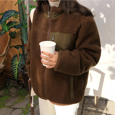 

Toponeto Women Outwear Stand Collar Patchwork Double Faced Coat Plush Jacket Overcoat
