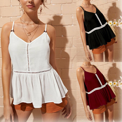 

Womens Casual Strappy Vest Tank Tops Summer Sexy V-Neck Lace Blouse T-shirt