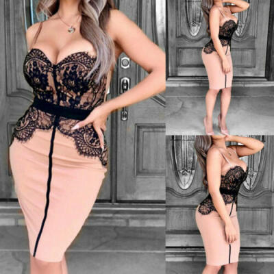 

Women Off Shoulder Lace Sleeveless Midi Pencil Dresses Bodycon Party Short Dress