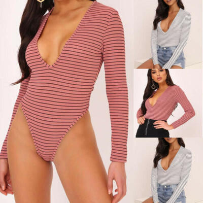 

Womens Striped Long Sleeve Bodysuit V Neck Tops Leotard Jumpsuit Bodycon Romper
