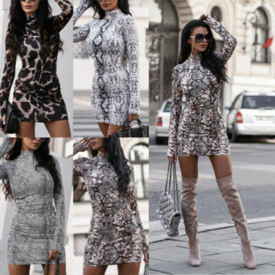 

UK Sexy Womens Long Sleeve Leopard Bodycon Ladies Party Cocktail Mini Dress