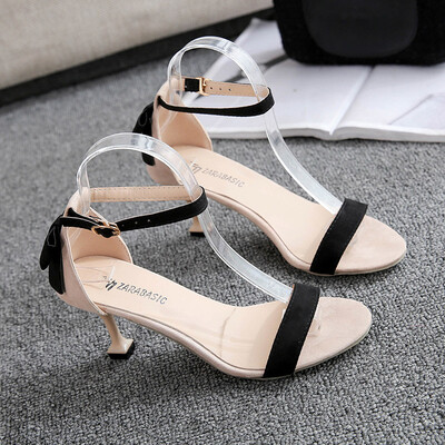 

Summer high heel bow color matching one-word buckle sandals female Xia Lu toe fine heel hollow fashion Joker