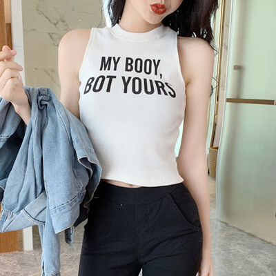 

Women Sleeveless O-Neck Pullover Letter Print Knitted Crop Tank Top