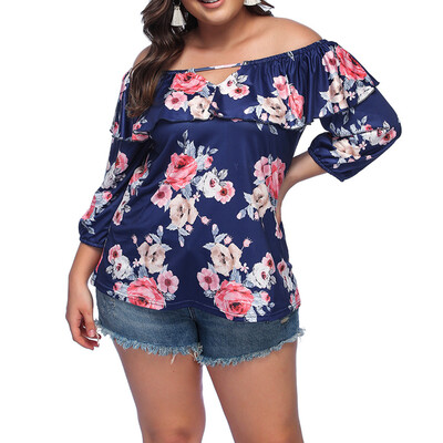

Roseonmyhand Fashion Women Plus Size Off Shoulder Lantern Sleeve Floral Print Top Blouse