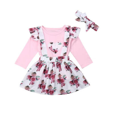 

US STOCK Toddler Baby Girl Floral Party Clothes TopsSuspender Skirt 3Pcs Outfit