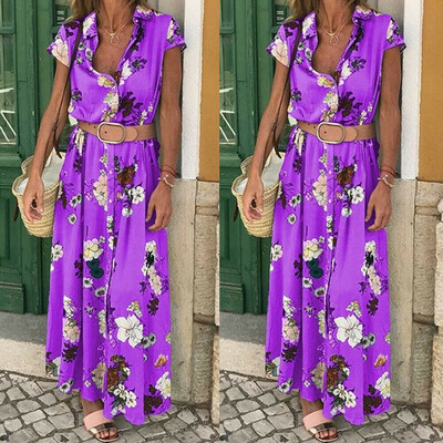 

Boho Women Summer Holiday Flower With Belt Maxi Dress V-neck Long Dress