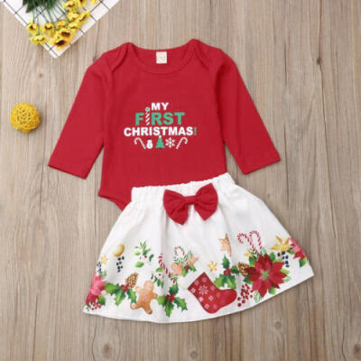 

2019 Christmas Newborn Baby Girl Romper BodysuitBowknot Skirt Dress Clothes Set