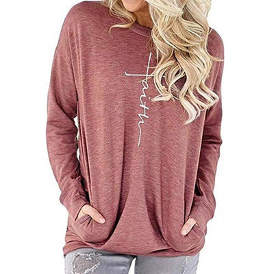 

2019 Fashion Women Letter Printing O-neck Long sleeves Pocket Casual Loose T-shirt