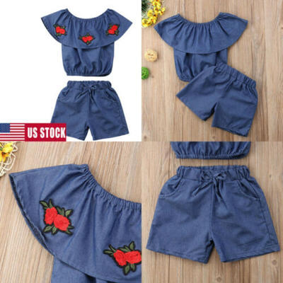 

US STOCK 2PCS Baby Girls Sleeveless Denim Tops T-shirt Short Pants Jeans Set