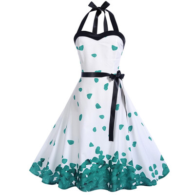 

Halter Neck Backless Leaf Print Belted A-line Women Vintage Dress