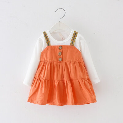 

Autumn Girl Dresses 18M-4Y Casual Fake 2 Pcs Strap Long Sleeve Kids Toddler Baby Girls Dress Kids Princess Dresses 4Colors