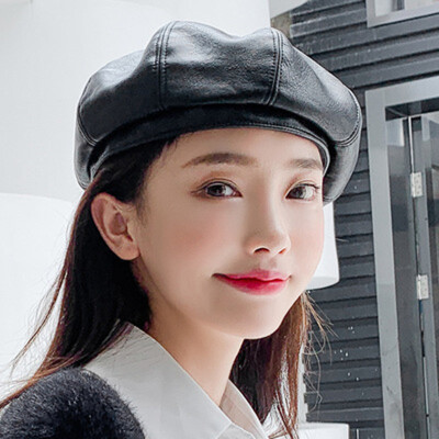 

Korean autumn&winter new bud hat female black beret PU Leather Vintage pumpkin painter hat wholesale