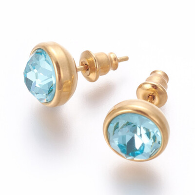 

304 Stainless Steel Ear Studs with Cubic Zirconia Flat Round Golden SkyBlue 10x17mm Pin 07mm