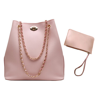

2Pcs Fashion Women Solid Color Faux Leather Chain Bucket Shoulder Bag Wristlet