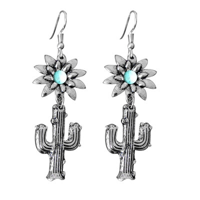 

Vintage Sunflower Cactus Faux Turquoise Inlaid Plant Pendant Women Hook Earrings