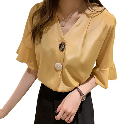 

Women Fashion Chiffon Blouse V Neck Short Sleeve Beach Button Shirts