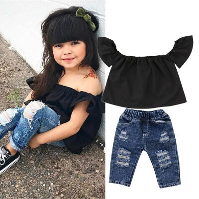 

2PCS Toddler Kids Baby Girls Off Shoulder TopsDenim Jeans Pants Outfits Clothes Set