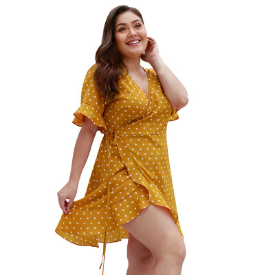

Summer new original womens V-neck lotus leaf sleeve wave dress