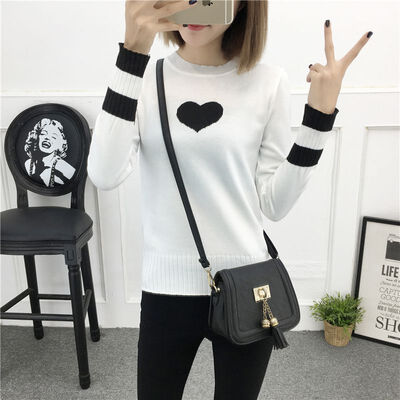 

Autumn Winter Knitted Sweater Women Heart Print Slim Long-Sleeve Pullover Bottomming Tops Knitwear Pink Sweaters pull femme