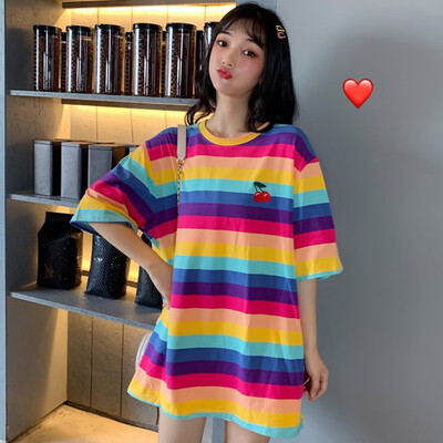 

Womens Fashion Summer Casual T Shirt Short Sleeve O-Neck Rainbow Striped Fruit Embroidery Loose Tee