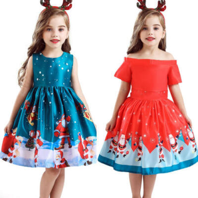 

Elegant Kids Baby Girl Christmas Dress Santa Claus Print Party Gown Formal Dress