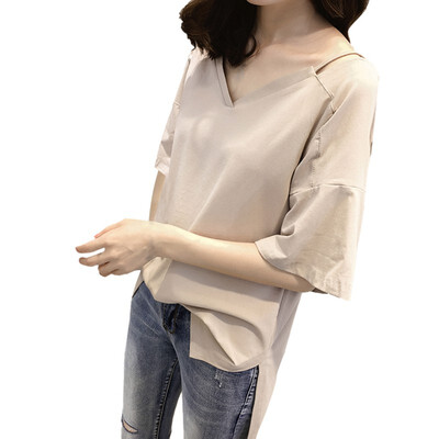 

Selling Student Leisure V-nack T-shirt Summer Tops Female Short Sleeve Loose Plus Size Thin Girl Clothes
