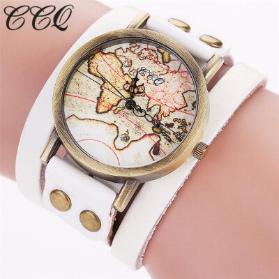 

CCQ Brand Fashion Vintage Leather Bracelcet Wrist Watch Casual World Map Pattern Women Quartz Watch Relogio Feminino 533