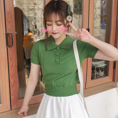 

Candy Color Harajuku Solid T Shirt Kawaii Short Sleeve Tee Tops Ladies Character Button Turn-down Collar T-shirt