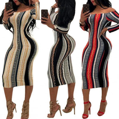 

Fashion Women´s Sexy Off Shoulder Long Sleeve Floral Striped Print Bodycon Pencil Midi Dress Cocktail Party Dress