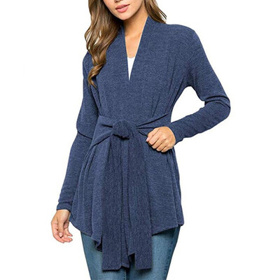 

Womens Fashion Casual Solid Color Long Sleeves Tie Decoration Warm Knitted Cardigan Coat Jacket