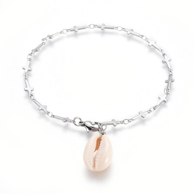 

304 Stainless Steel Bar Link Chain Anklets with Cowrie Shell Beads&Lobster Claw Clasps Stainless Steel Color 10-78"275cm