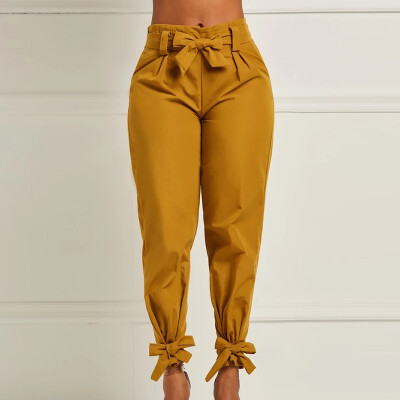 

Womens Trousers Pure Color High Waist Loose Casual Bow Long Pants With Belt