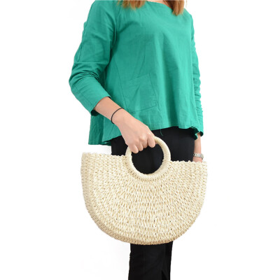 

Summer Handmade Bags Women Pompon Beach Weaving Ladies Straw Bag Wrapped Beach Bag Moon Shaped Bag Drawstring Handbag