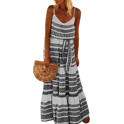 

Large Size Loose Bohemian Deep V-neck Print Sling Beach Dress  High Waist Dress
