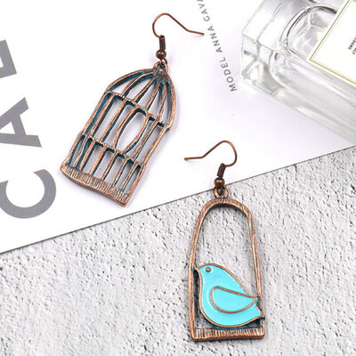 

Fashion Metal Hollow Bird Cage Asymmetric Earrings Blue Vintage Drop Gift Alloy