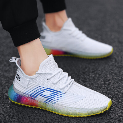 

Fashion mens shoes tide flying woven breathable sports running shoes hollow mesh mens rainbow shoes