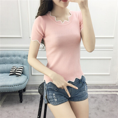 

Summer Fashionable Design Ladylike Temperament Wavy-shaped Neckline Blouse Solid Slim Short-sleeved Knit Womens Top