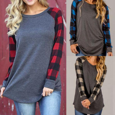 

Womens Long Sleeve Plaid Patchwork Crew neck Casual Tunic Tops Blouse Pullover