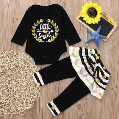 

Infant Baby Girls Long Sleeve Letter Print RomperDots Striped Pants Outfits
