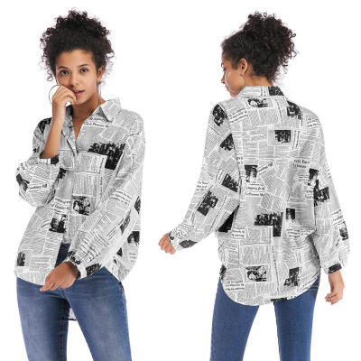 

Fashion Women Newspaper Print Blouses Turn Down Collar Long Sleeve Shirt