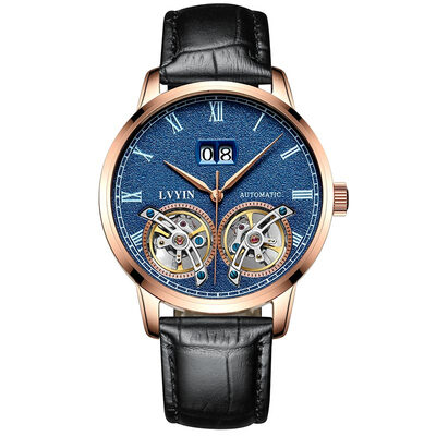 

Green automatic mechanical watch Leather Mens Watch Fashion Calendar Hollow Double tourbillon Waterproof Watch