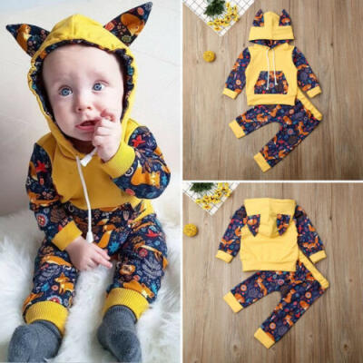 

2PCS Toddler Baby Boy Girl Winter Clothes Fox Hooded TopsLong Pants Outfits Set