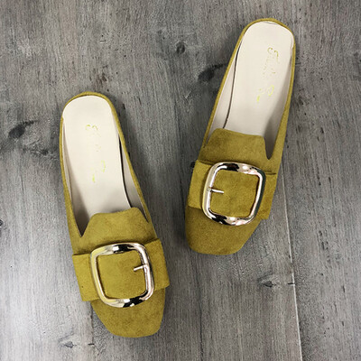 

Flat-bottomed bale slippers Spring&Autumn Lazy womens shoes wear square-headed metal buckle sandals without heels
